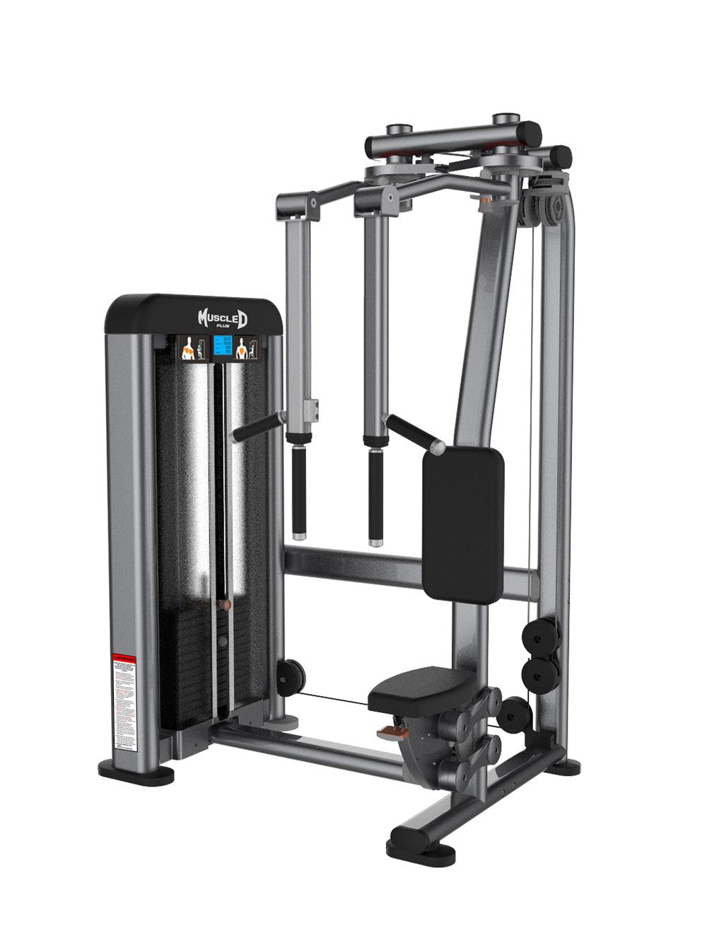 Pec rear delt fly machine with adjustable arms and weight stacks.