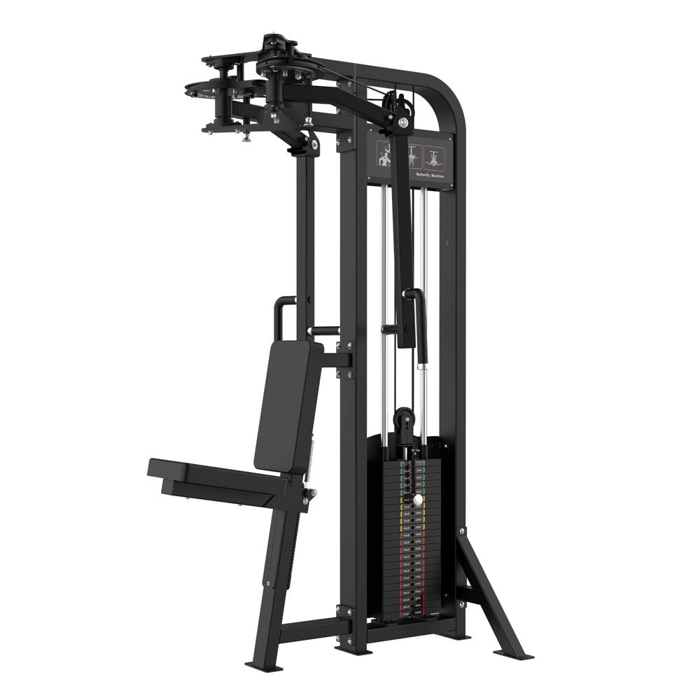 Pec rear delt combo gym machine with weight stack and adjustable bench.