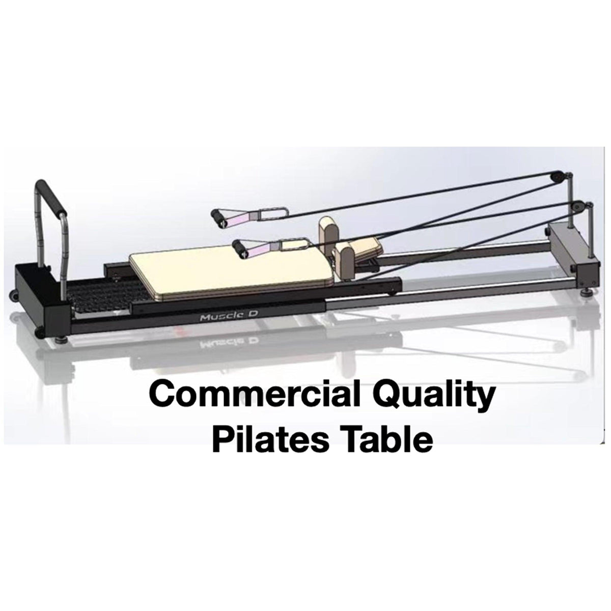 Commercial quality Pilates table with carriage and resistance springs.