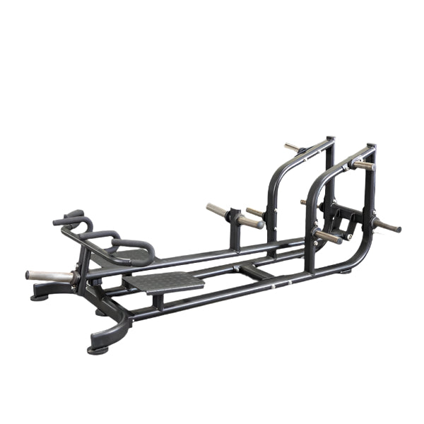 Black leg press machine with multiple handles for versatile gym workouts.