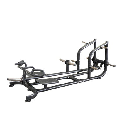Black leg press machine with multiple handles for versatile gym workouts.