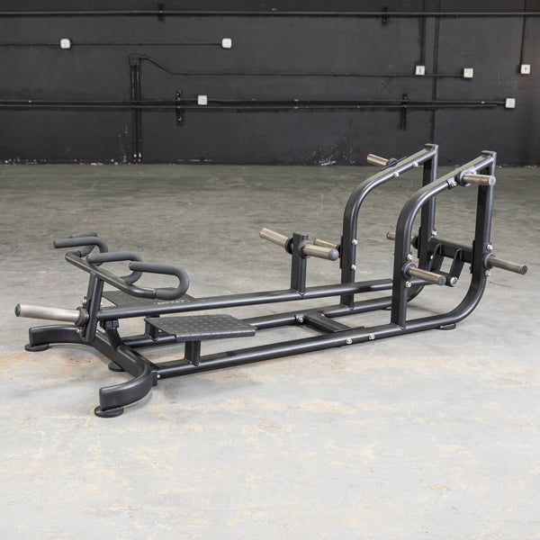Black seated row machine with multiple handles for strength training.