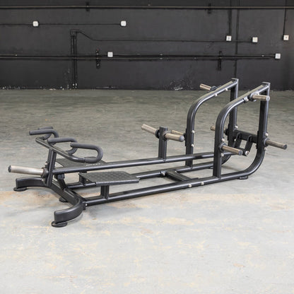 Black seated row machine with multiple handles for strength training.