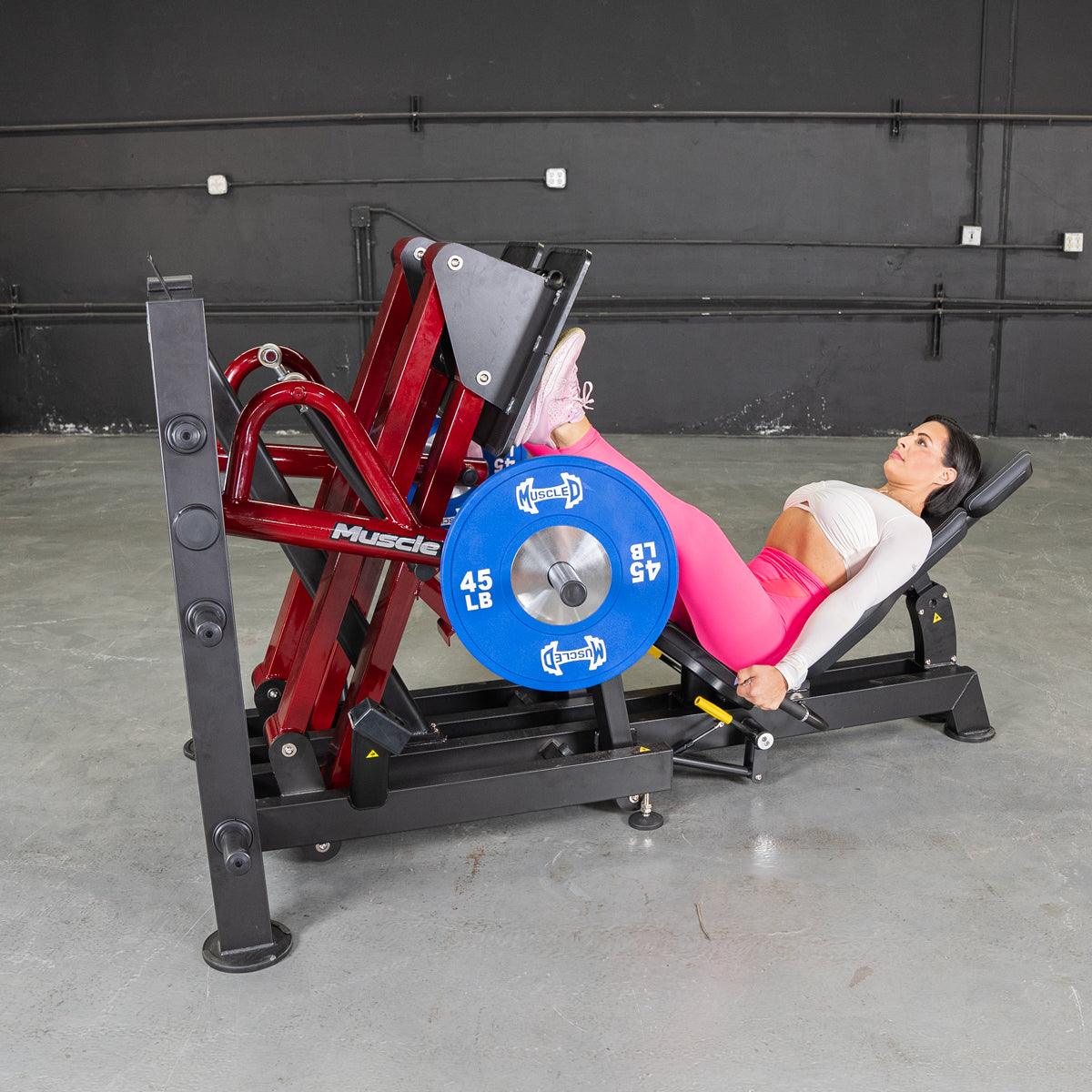 Person using a Power Leverage V2 45° iso-lateral leg press machine.