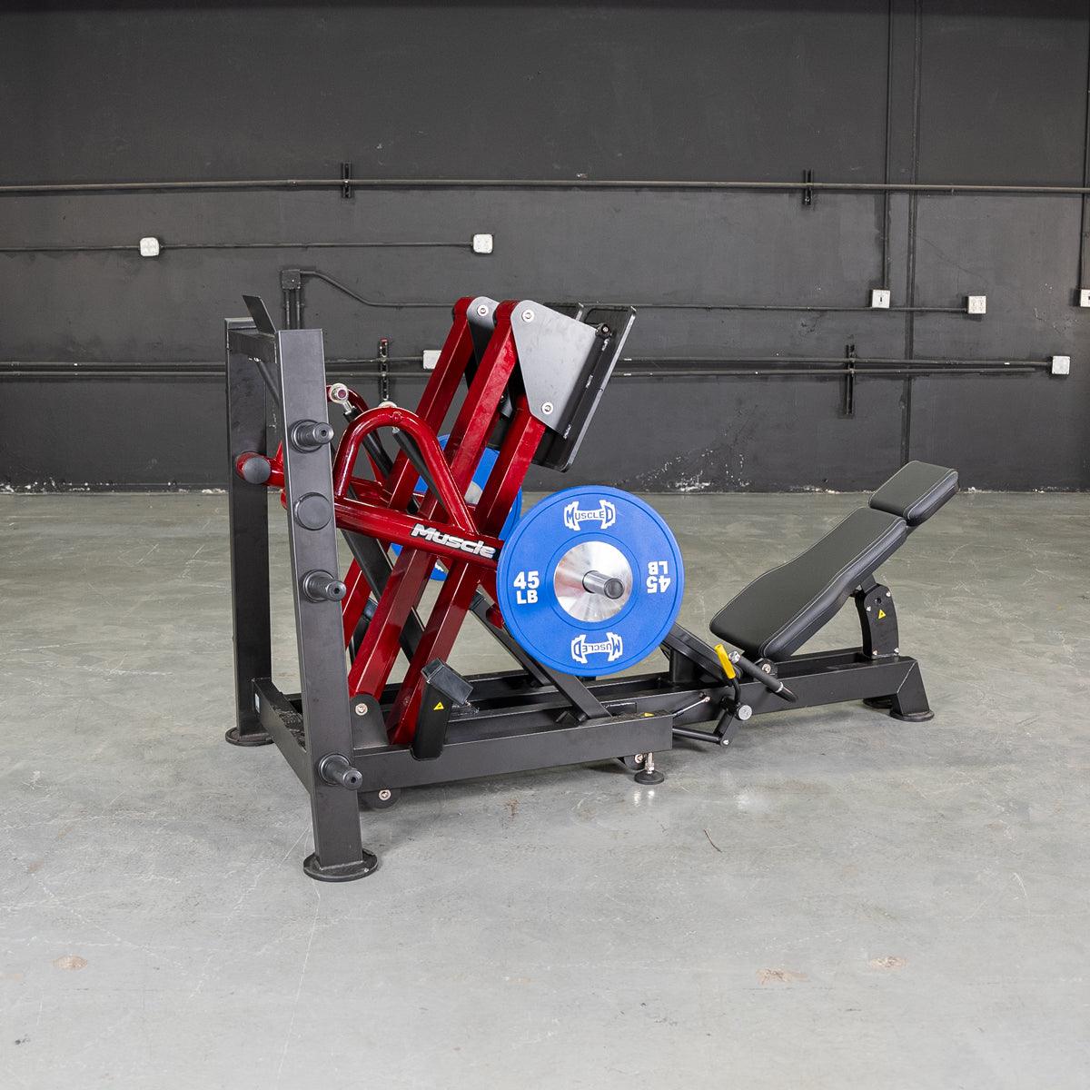 45-degree iso-lateral leg press machine with blue weight plates.