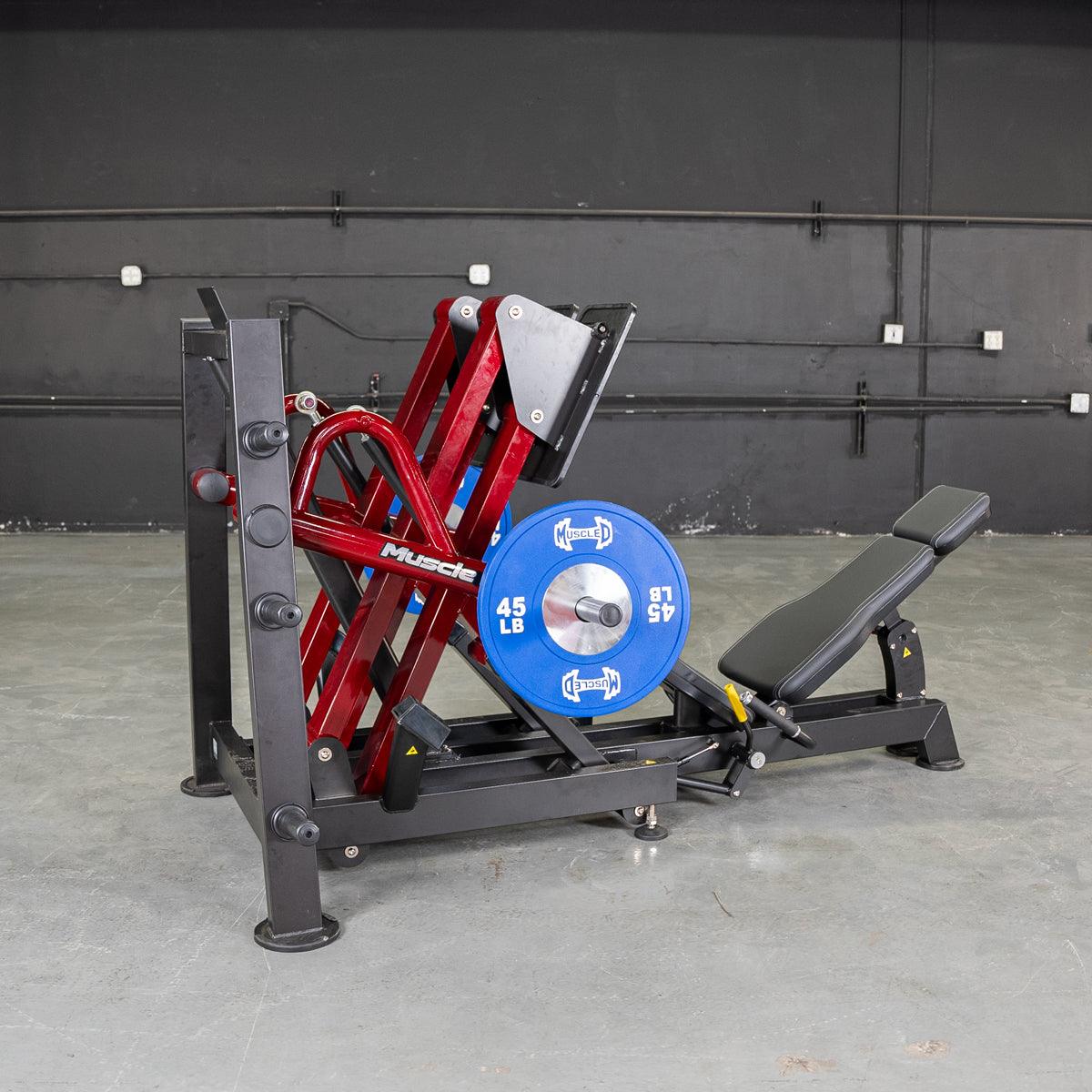 45-degree iso-lateral leg press machine with loaded plates.