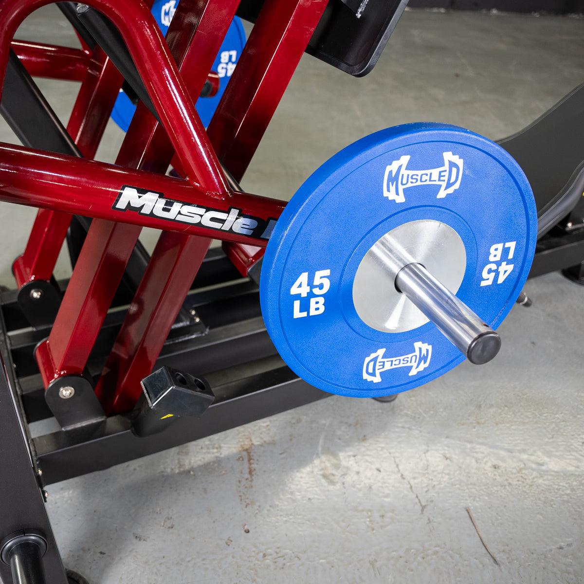 Power-Leverage V2 45-degree iso-lateral leg press with blue 45 lb plates.