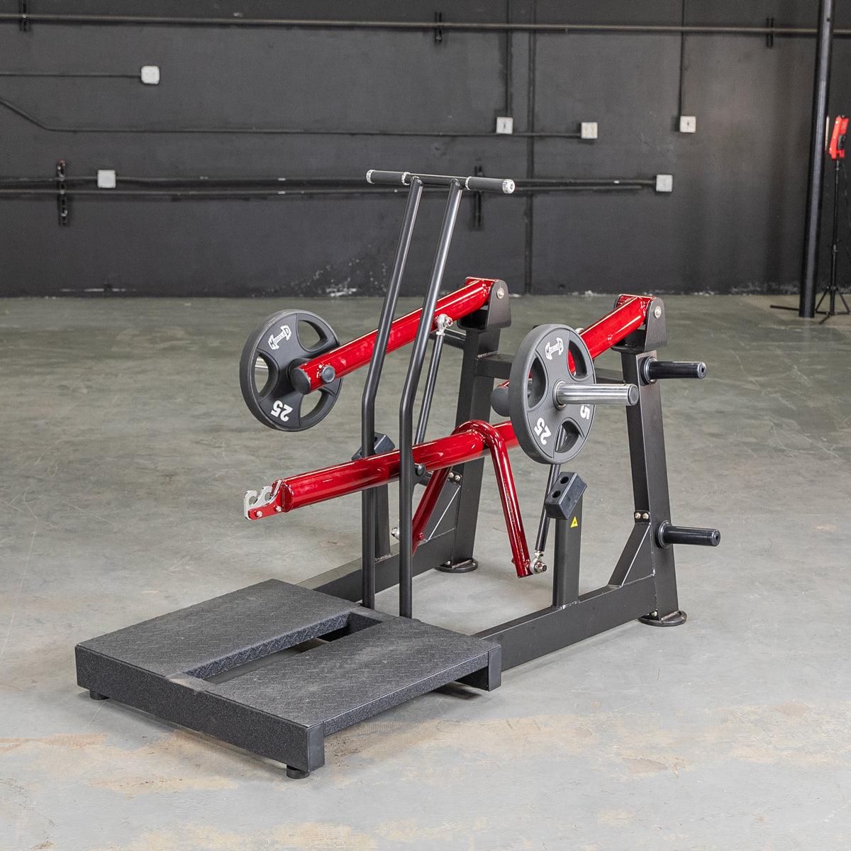 Power Leverage V2 Belt Squat machine with weight plates and platform.
