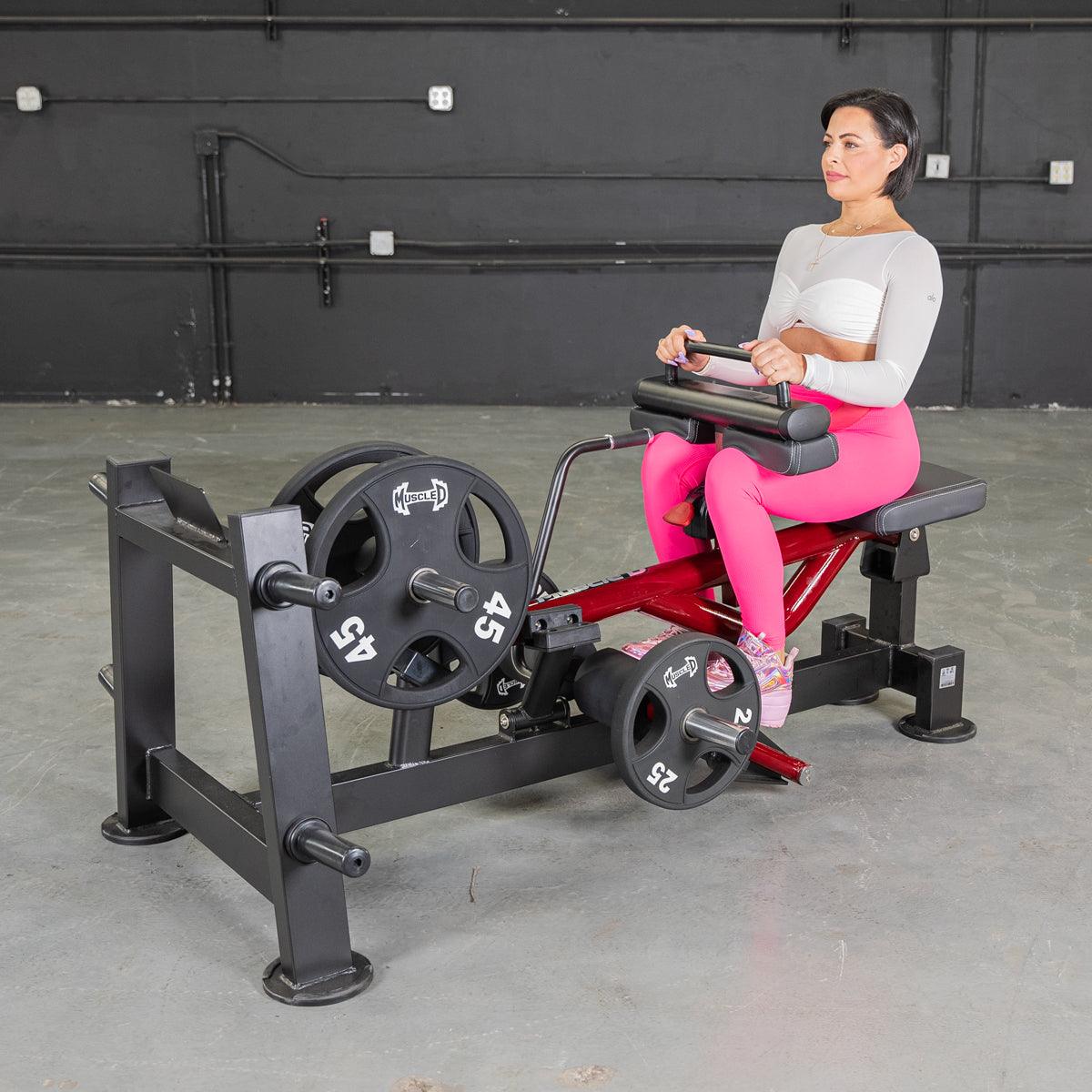 Woman seated on Power Leverage Seated Calf/Tib machine in pink workout outfit.