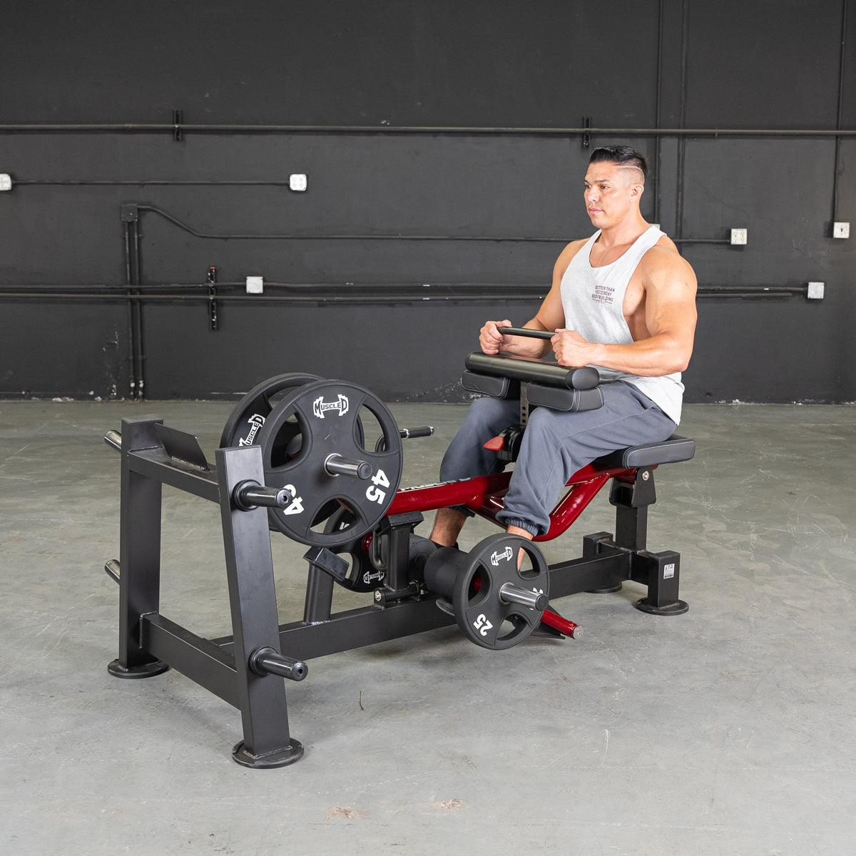 Man using power leverage seated calf raise machine in gym.