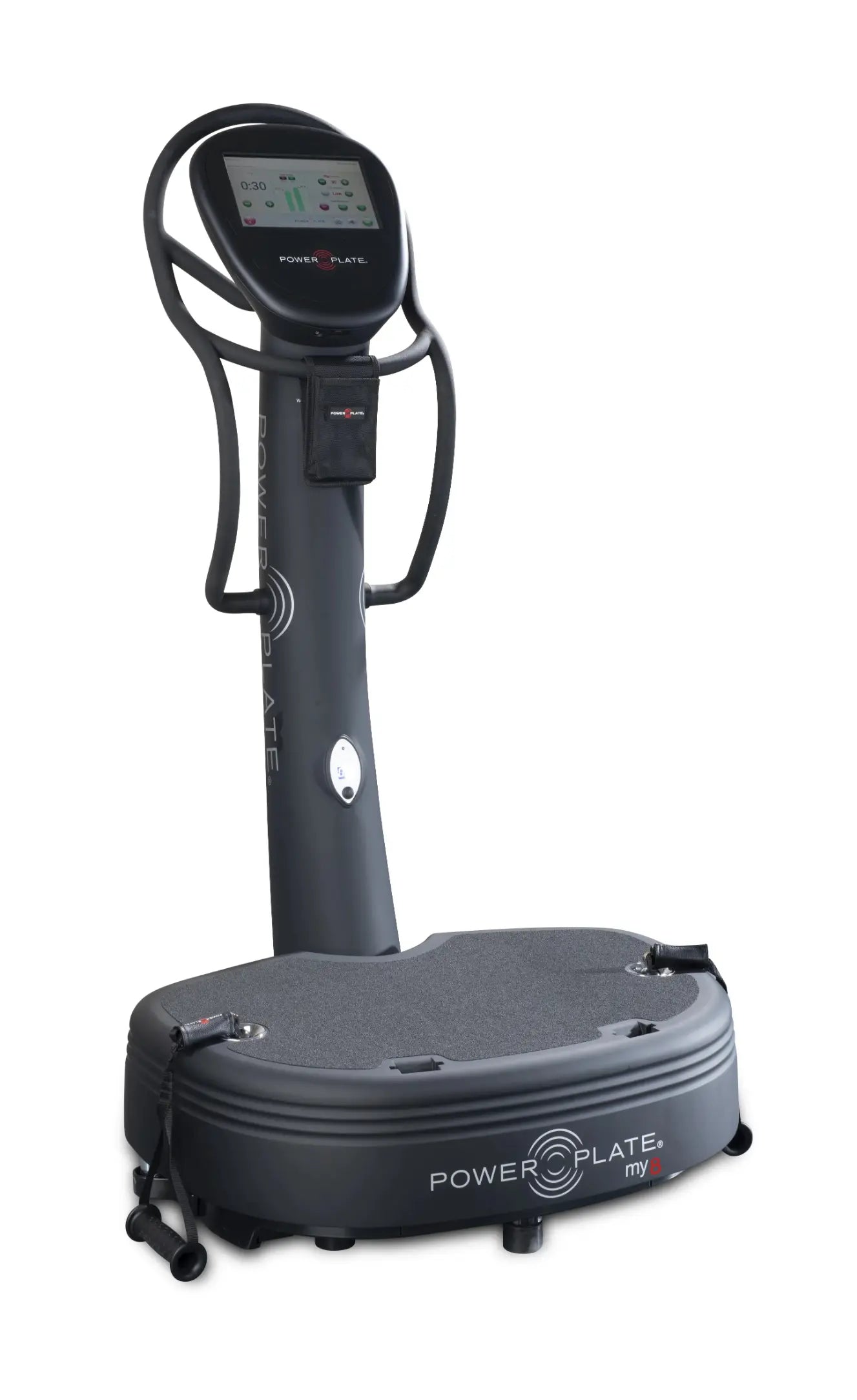 Black vibration plate machine with digital display screen, handlebar grips, and textured standing platform on casters.