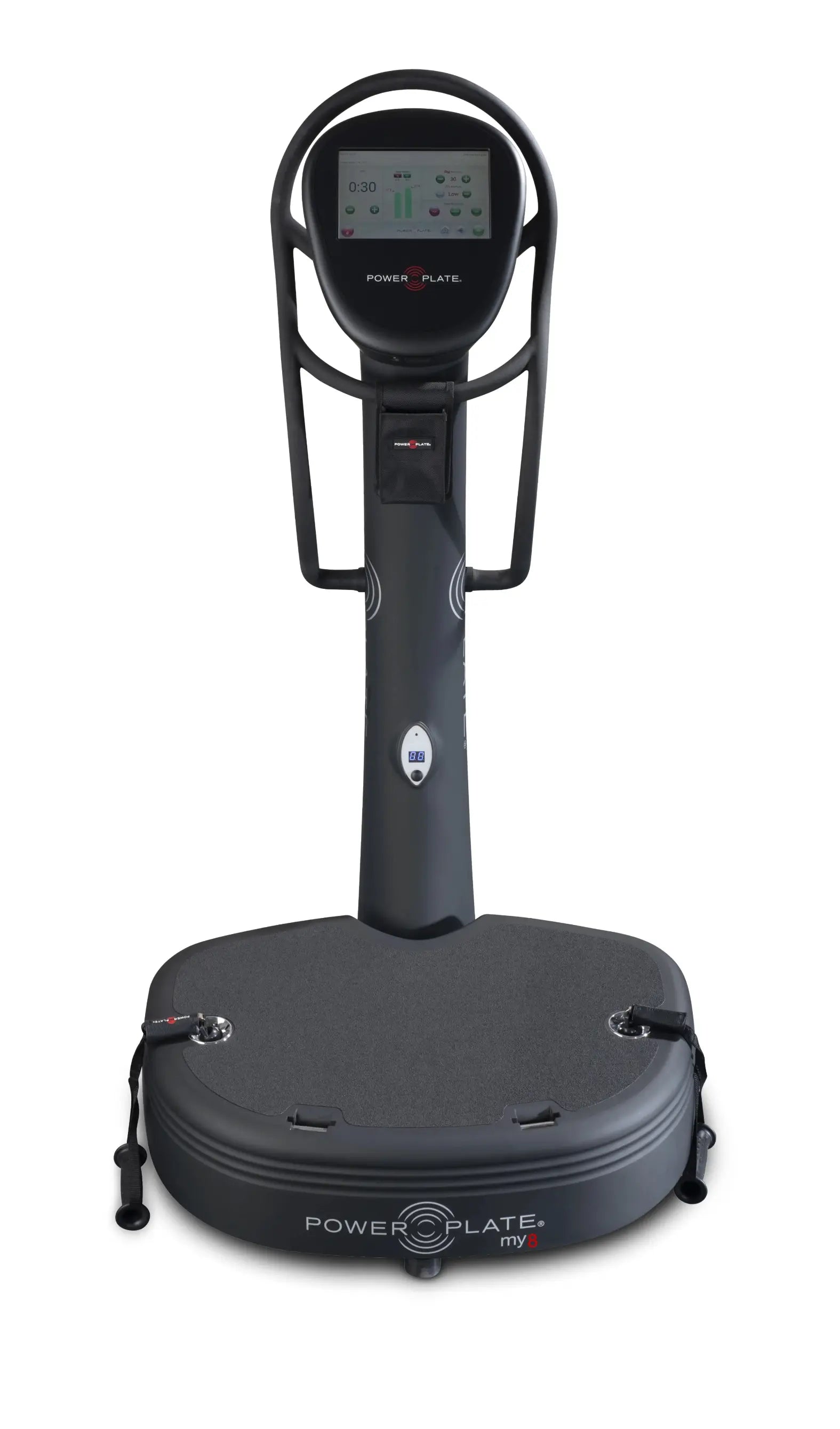 Black Power Plate vibration platform with digital display console mounted on handlebar frame, showing timer at 0:30. Large gray platform base with control buttons on sides.