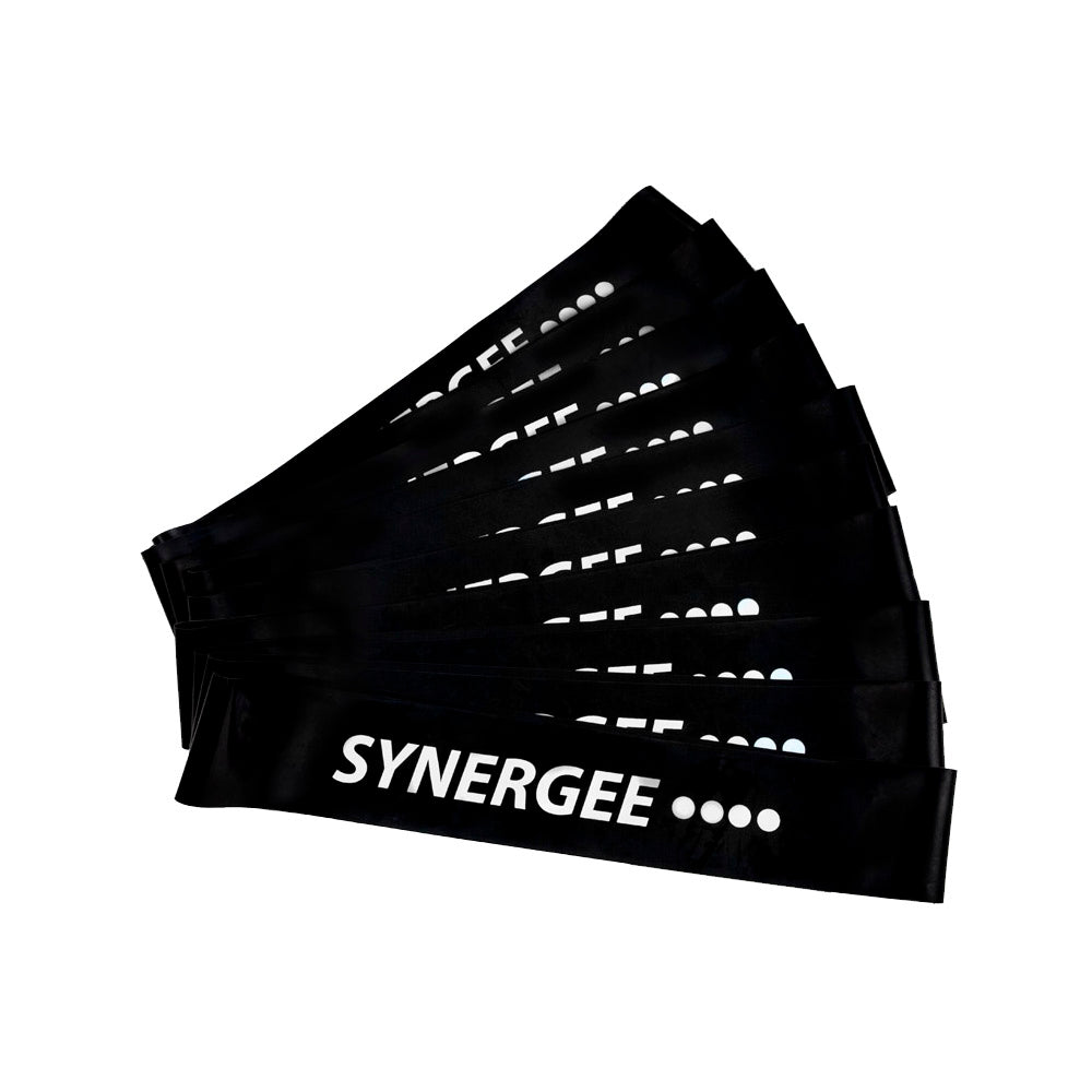 Set of black resistance bands with "Synergee" branding and white dashed weight indicators on each band.