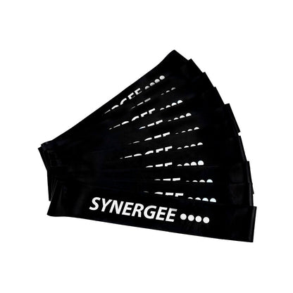 Set of black resistance bands with "Synergee" branding and white dashed weight indicators on each band.
