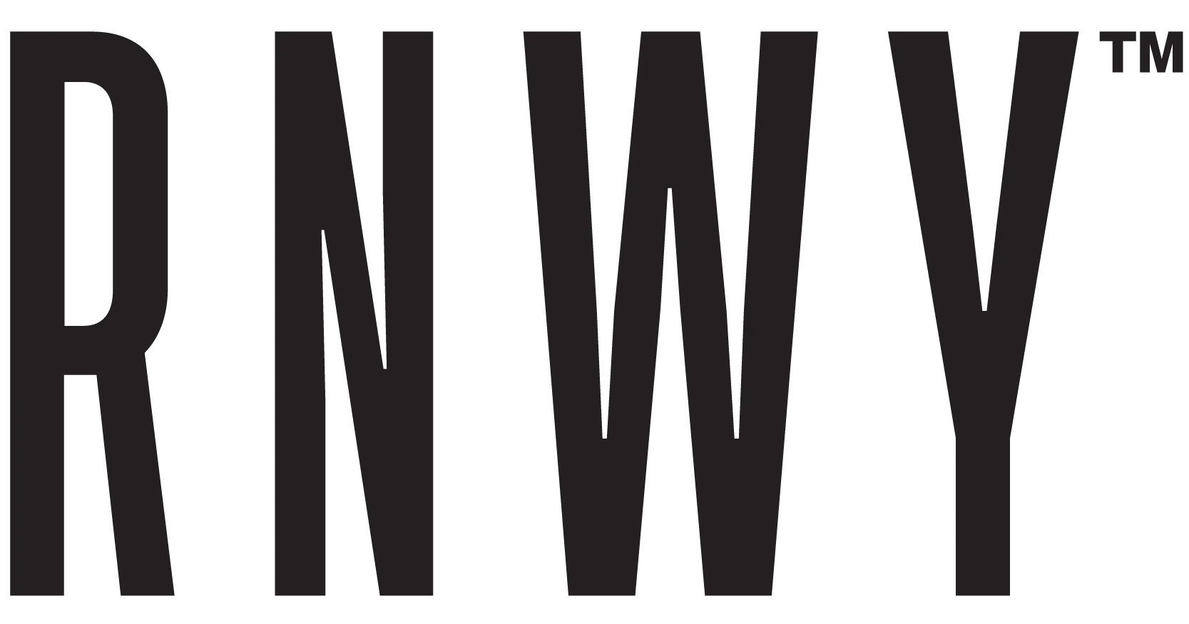 Black letters spelling "RNWY" with a trademark symbol on white background, representing the brand logo.