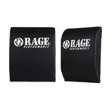 Two black knee sleeves with 'Rage Performance' logo on a white background