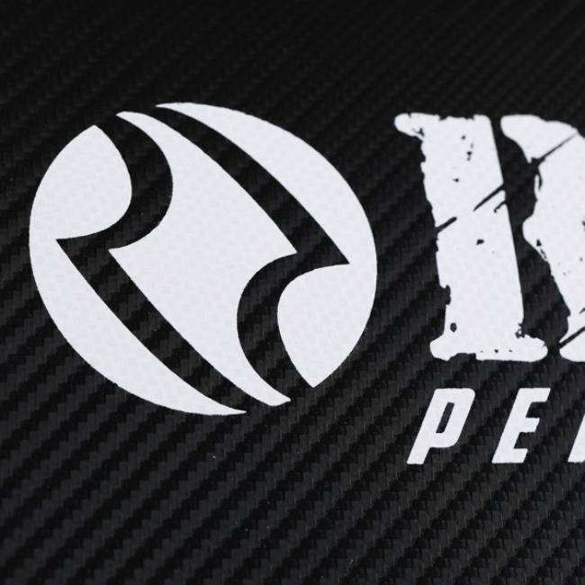 White logo and text on a black textured background