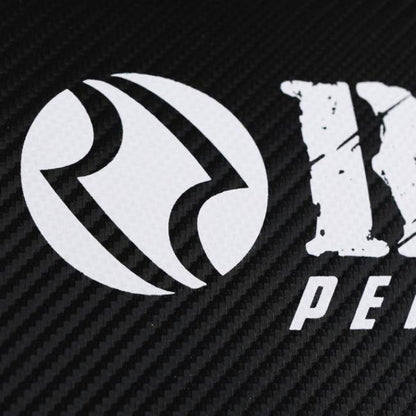White logo and text on a black textured background