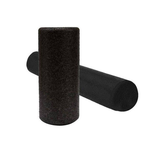 Two black foam roller tubes on a white background