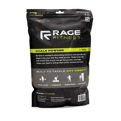 Rage Fitness Chalk Powder 250g bag, black with lime green label.