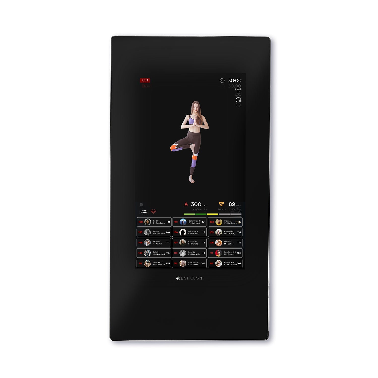 Echelon Reflect 50 Smart Fitness Mirror displaying a live workout session with a female instructor demonstrating an exercise, along with fitness metrics and participant rankings on the screen.