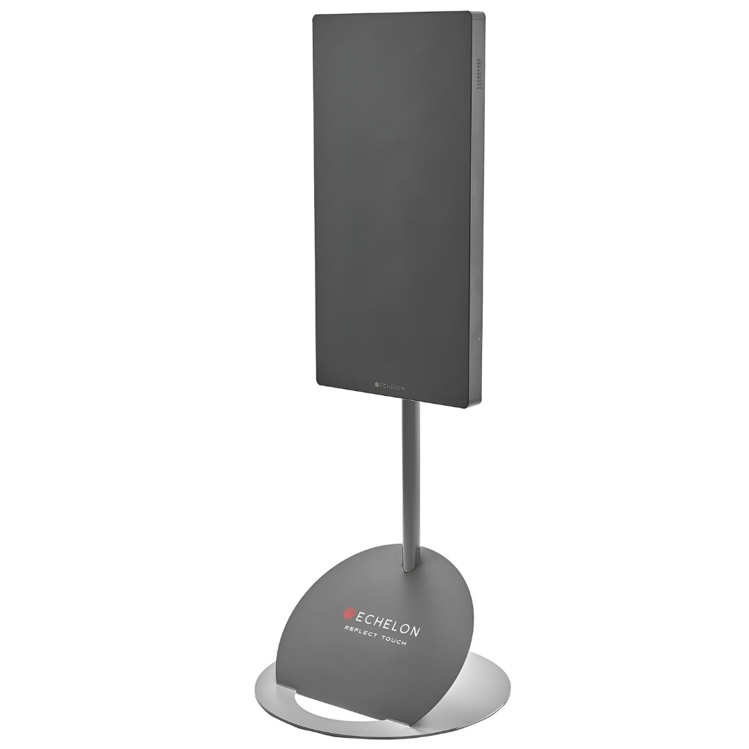 Echelon Reflect 50 Smart Fitness Mirror Stand featuring a sleek design with a black mirror surface mounted on a modern silver stand.
