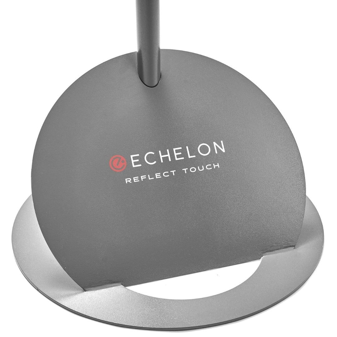 Close-up view of the Echelon Reflect 50 Smart Fitness Mirror Stand, featuring a sleek design with the Echelon Reflect Touch logo prominently displayed.