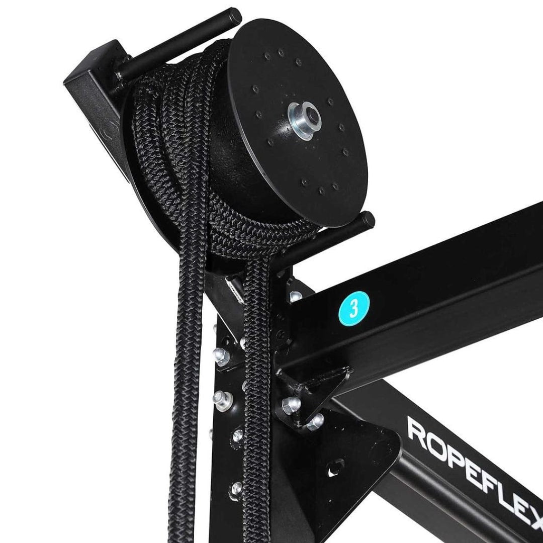 Ropeflex black exercise rope machine with coiled rope and sturdy metal frame.