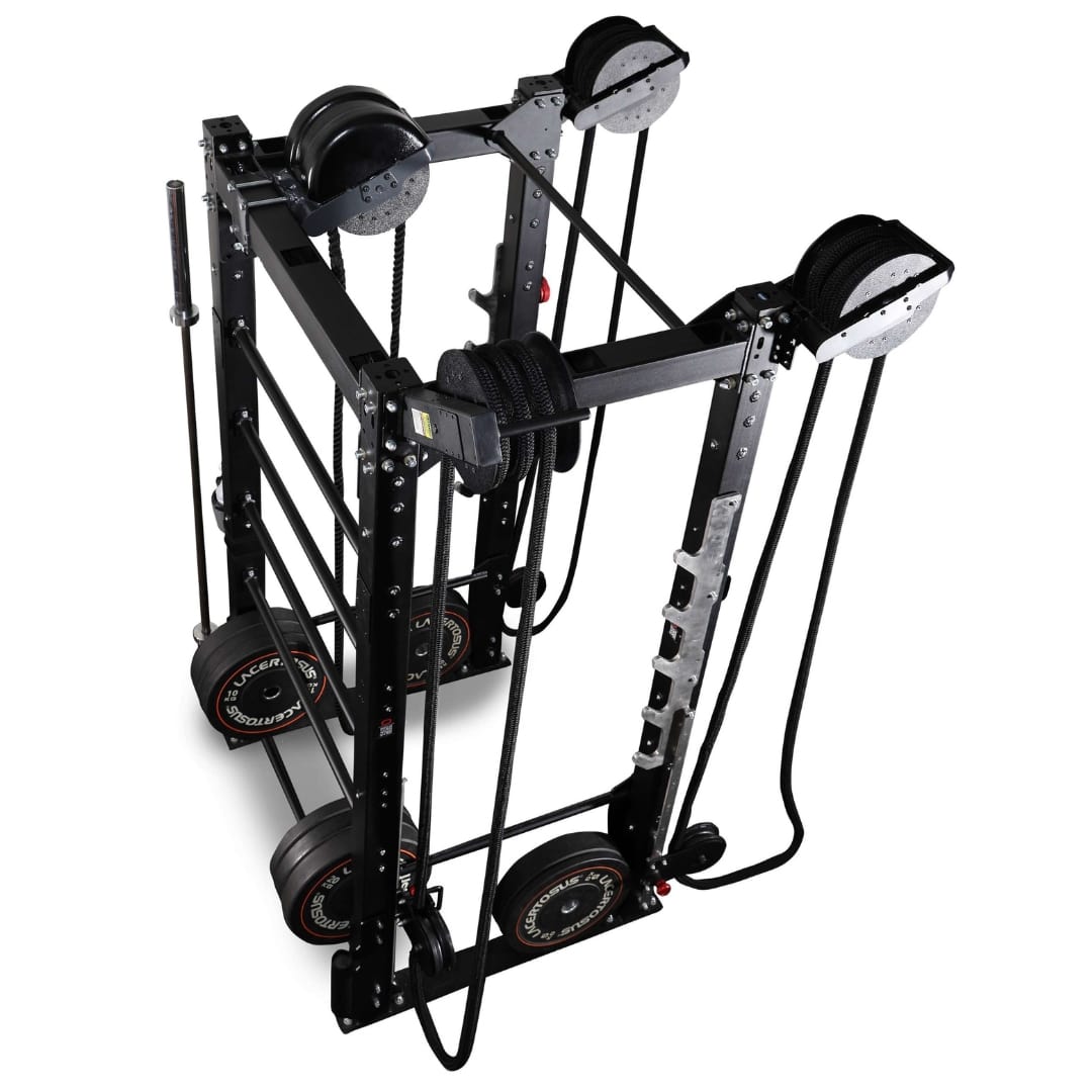 VersaClimber black fitness machine with ropes and pulley system for vertical cardio workouts.