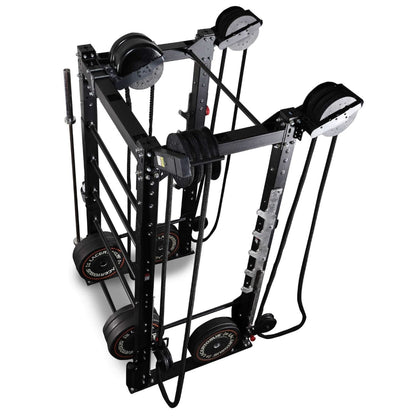 VersaClimber black fitness machine with ropes and pulley system for vertical cardio workouts.