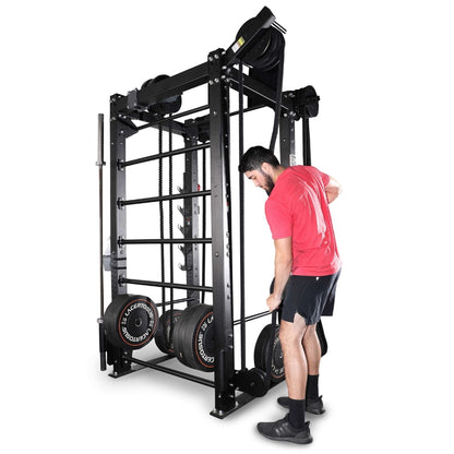Man using Lacertosus Smith Machine with black weight plates for strength training.