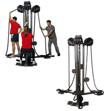 Trio using CrossCore rotational bodyweight training system with adjustable ropes.
