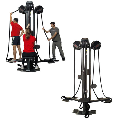 Trio using CrossCore rotational bodyweight training system with adjustable ropes.