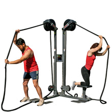 People exercising with Crossrope machine, wearing red tops and shorts, demonstrating fitness rope workout.
