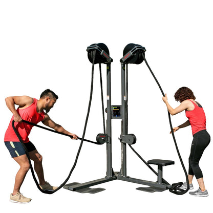Two people using a dual-station rope trainer for a full-body workout.