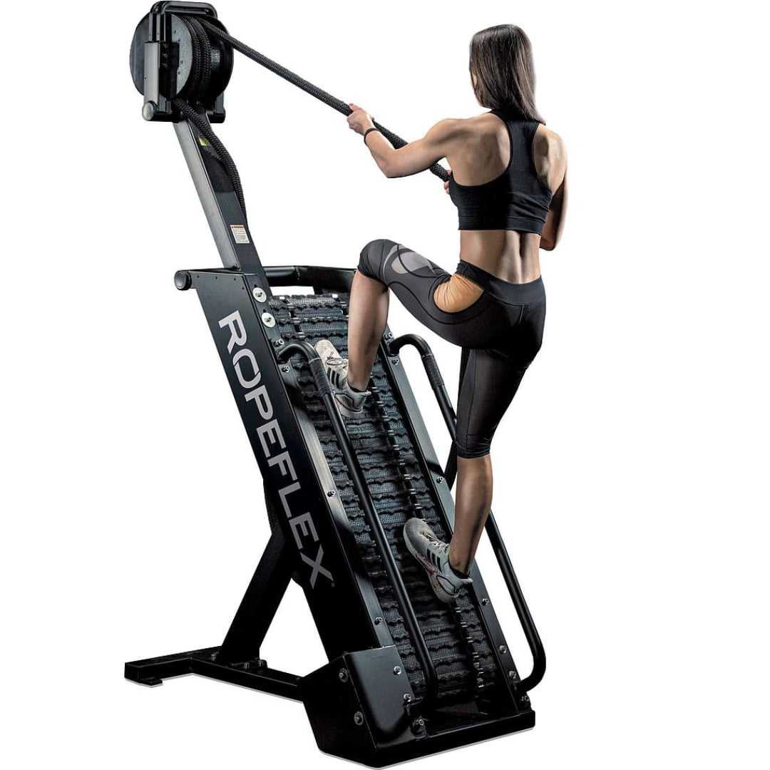 Woman using ROPEFLEX vertical rope trainer in black athletic wear.