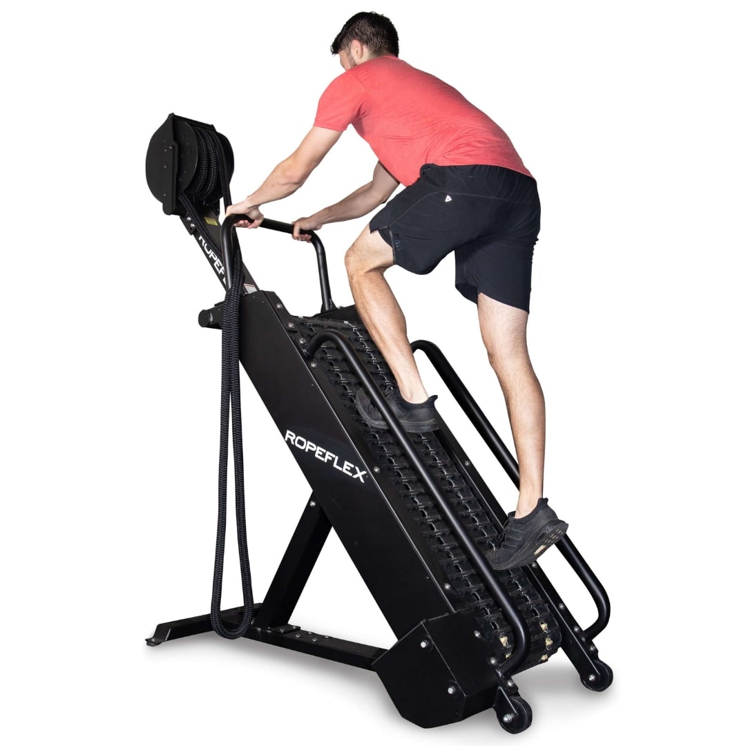 Man exercising on black ROPEFLEX climbing machine with rope feature.