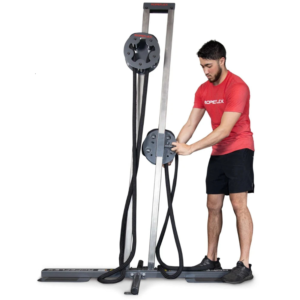 Ropeflex RX2300 rope trainer with adjustable resistance being used by a man in a red shirt.