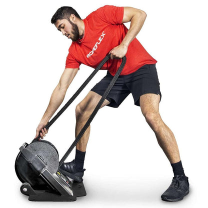 Man exercising with ROPEFLEX RX2100 rope machine in a red shirt.