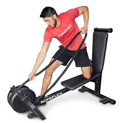 Man exercising on ROPEFLEX machine using black battle ropes.