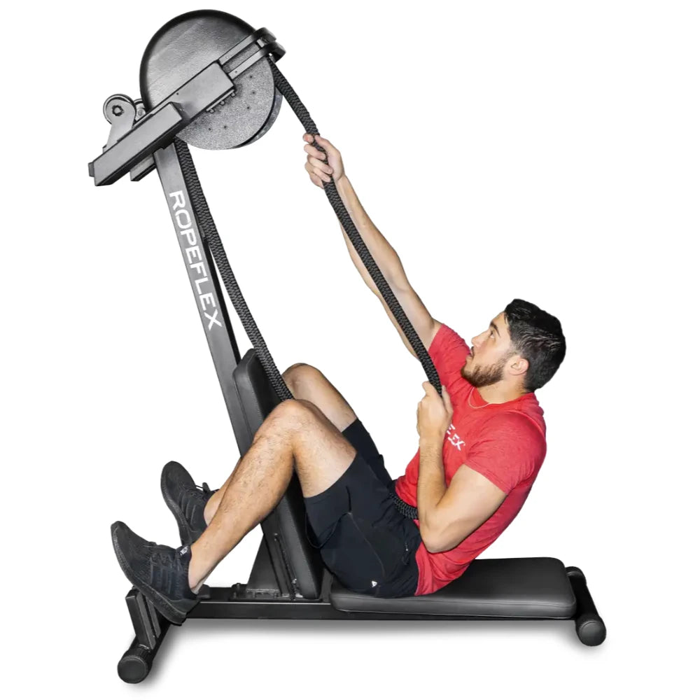 Man using ROPEFLEX exercise machine with black rope for upper body workout.