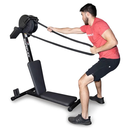 Man using Ropeflex RX2500 fitness machine with ropes for strength training.