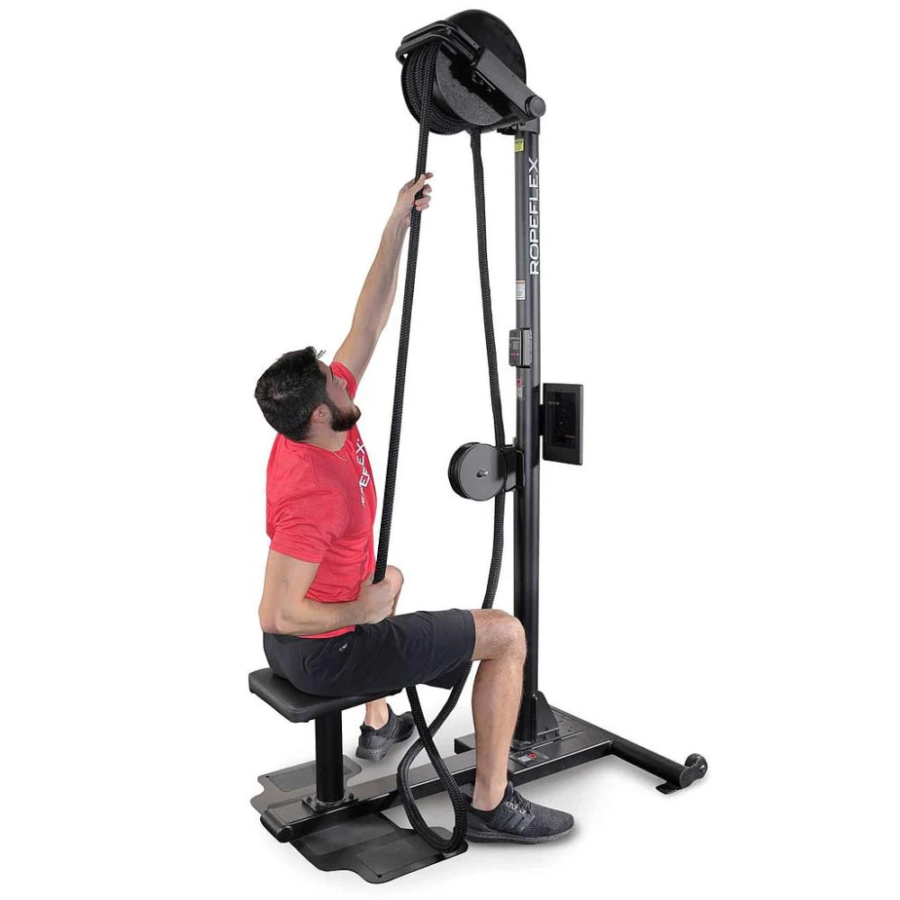 Man using Ropeflex RX2300 vertical rope trainer in a red shirt.