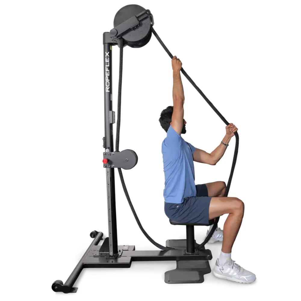 Man using Ropeflex rope trainer for upper body workout.