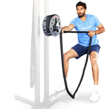 Man using Ropeflex RX4400 exercise machine with black rope for strength training.