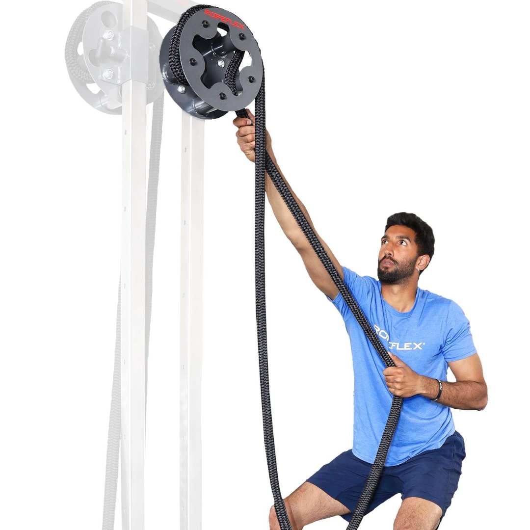 Man using Ropeflex exercise machine with black battle ropes.