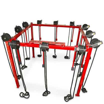Ropeflex RX4400 red exercise machine with multiple ropes for strength training.