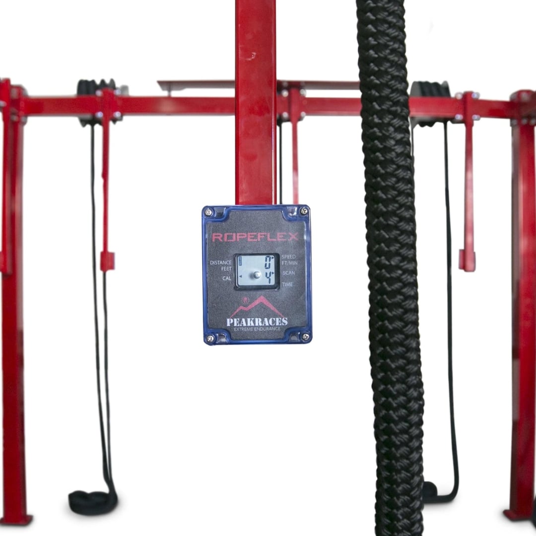 Ropeflex exercise machine with digital display and black braided rope for fitness training.