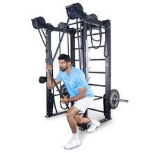 Man exercising with Proflex gym equipment, wearing blue shirt and white shorts, using resistance ropes.