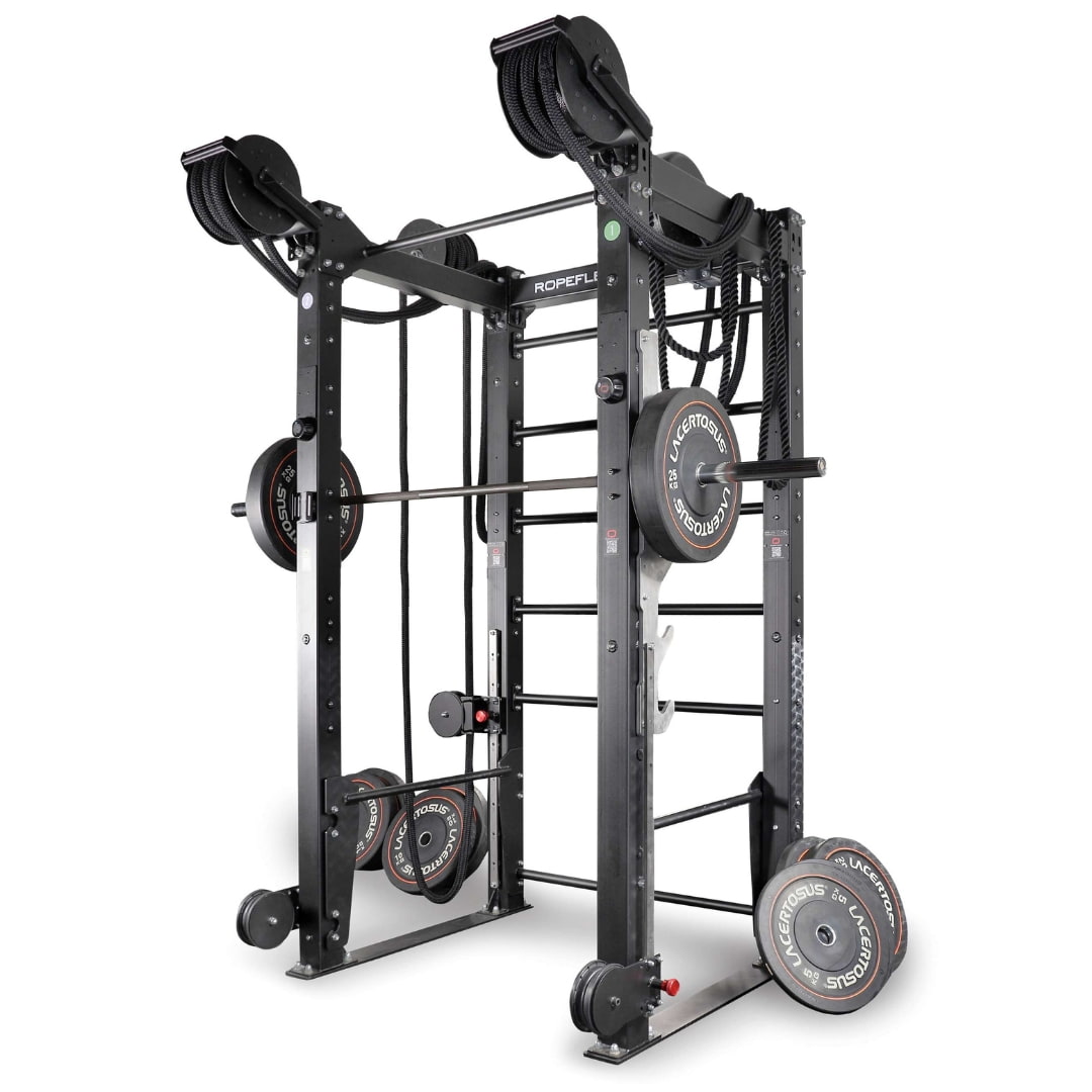 ROPEFLEX black rope climbing machine with Lacertosus weights for gym strength training.